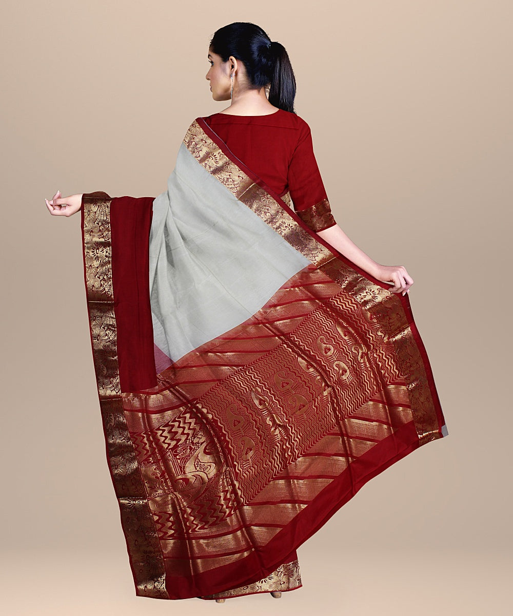 Cream red pallu silk handloom karnataka saree