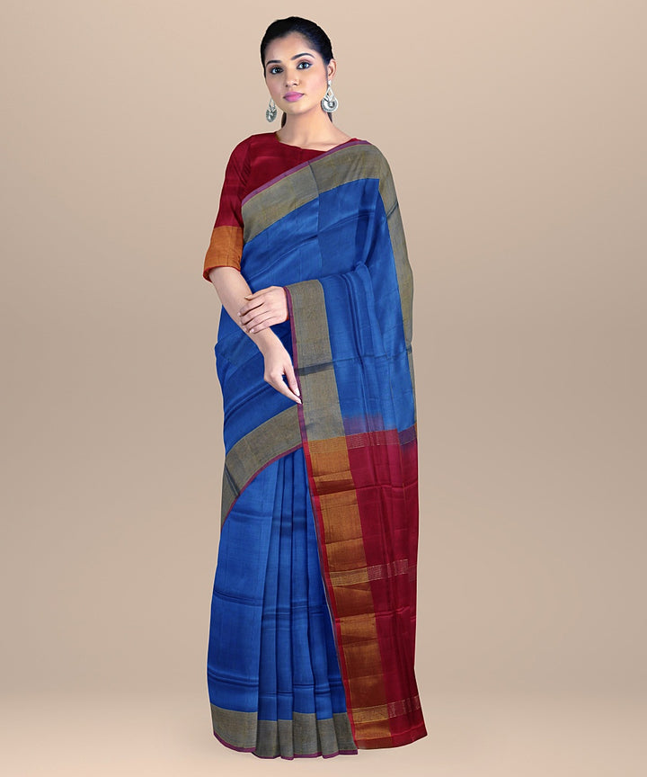 Cyan blue pink pallu silk handloom karnataka saree