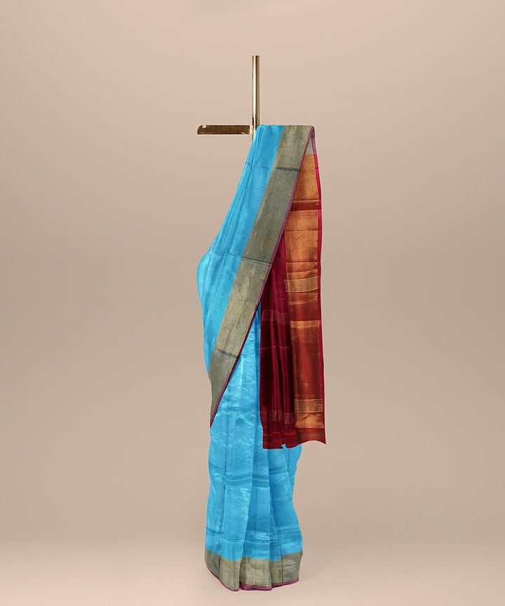 Sky blue pink pallu silk handloom karnataka saree