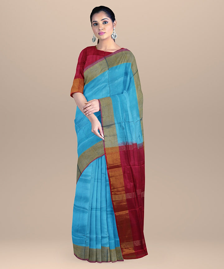 Sky blue pink pallu silk handloom karnataka saree