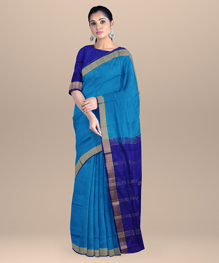 Cyan blue purple pallu silk handloom karnataka saree