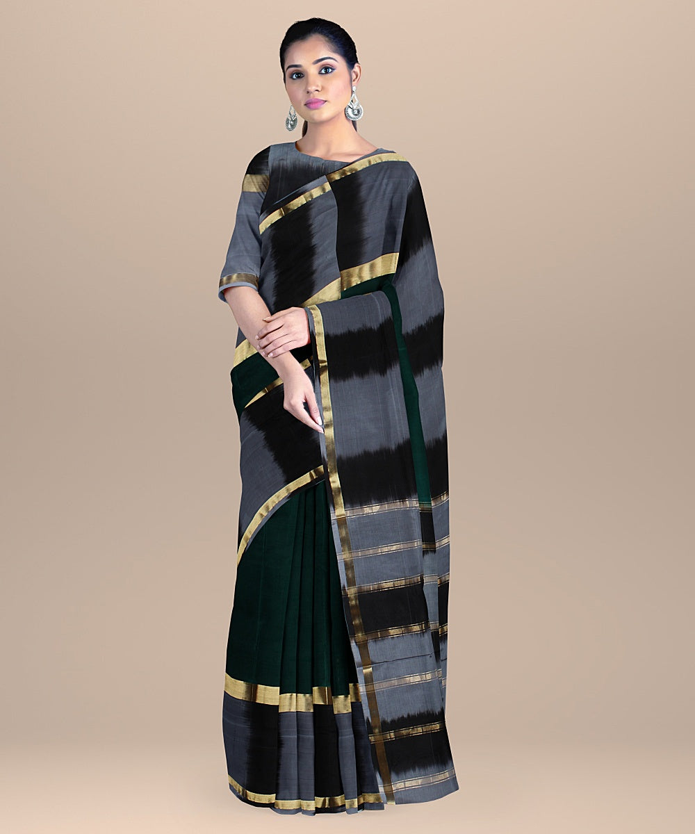 Dark green grey black pallu silk handloom karnataka saree