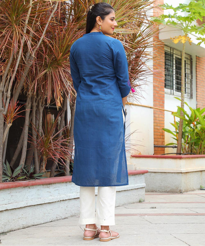 Blue mandarin collar kurta with hand embroidery