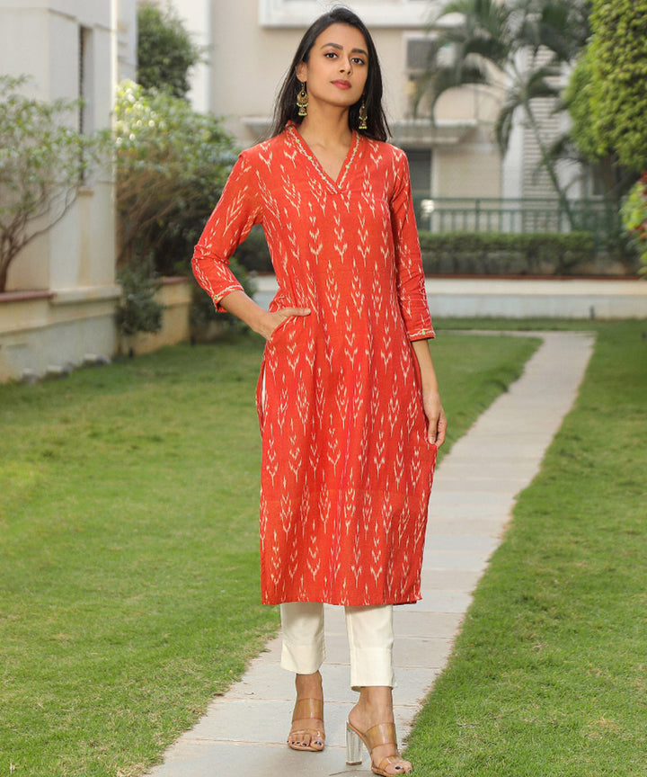 Orange ikat overlapped v collar kurta