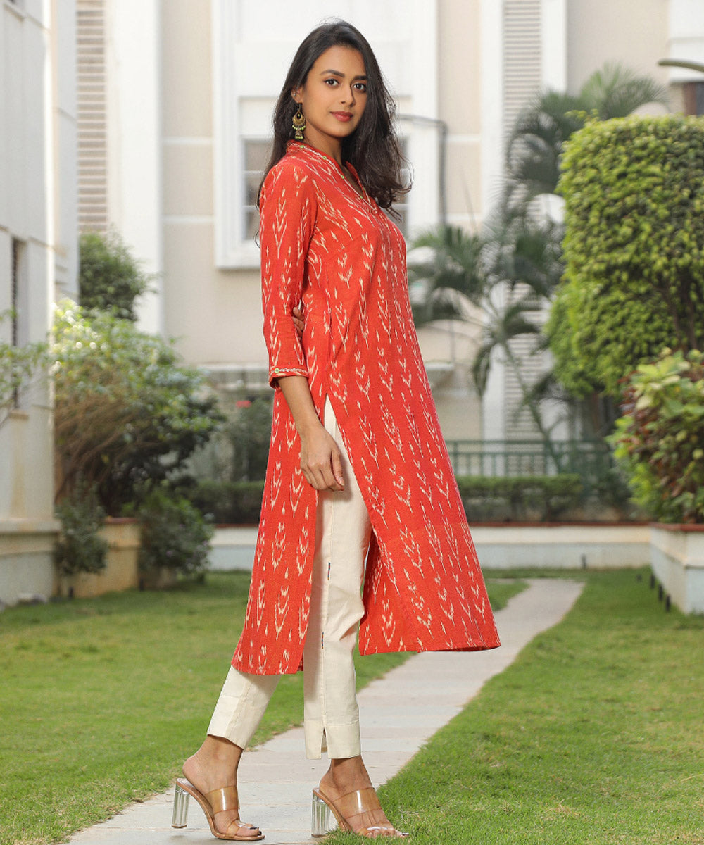 Orange ikat overlapped v collar kurta