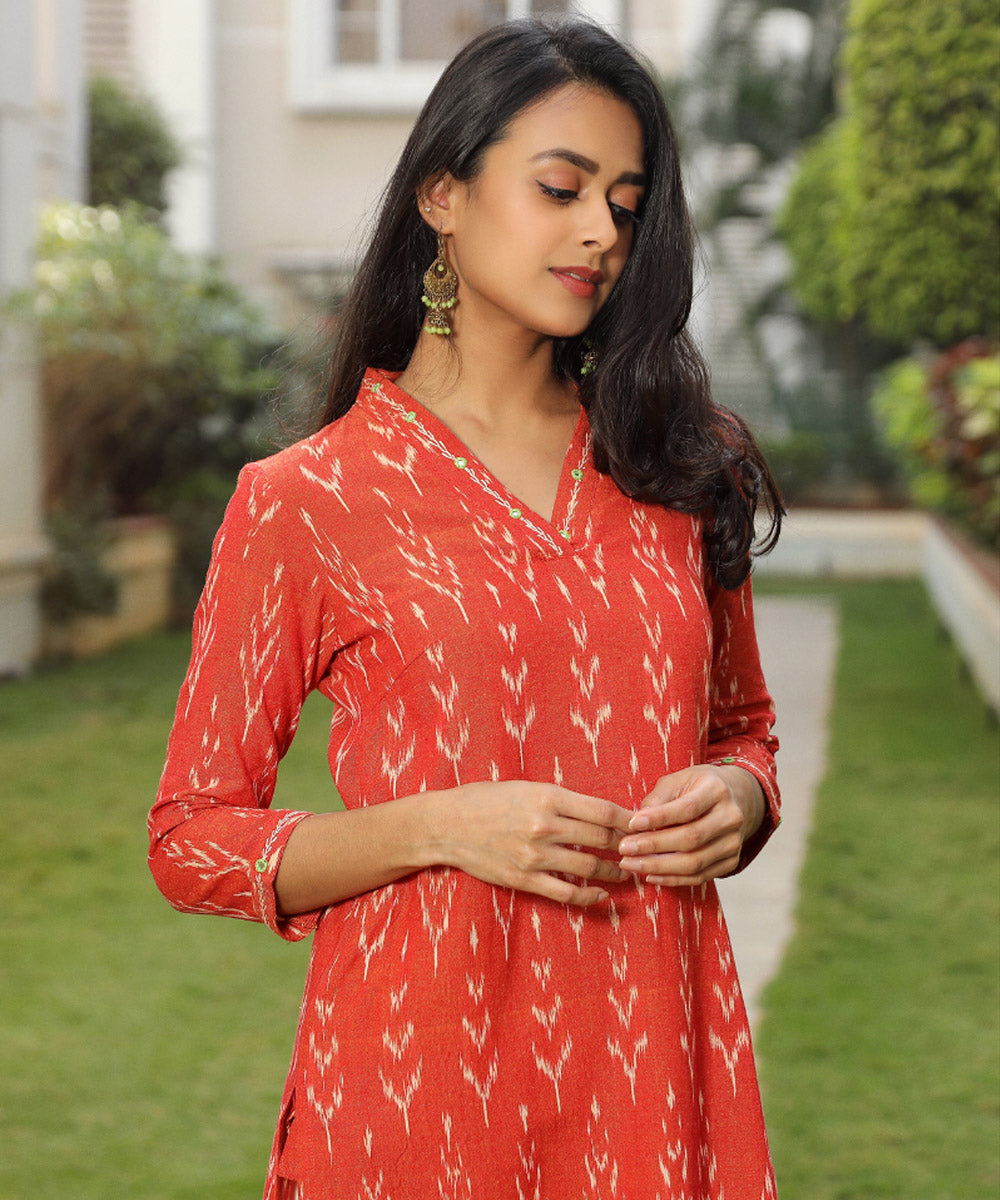 Orange ikat overlapped v collar kurta