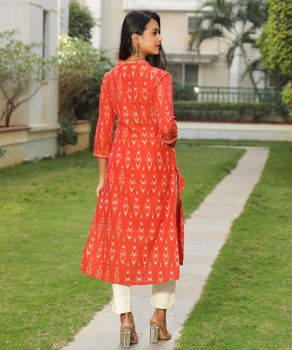 Orange ikat overlapped v collar kurta