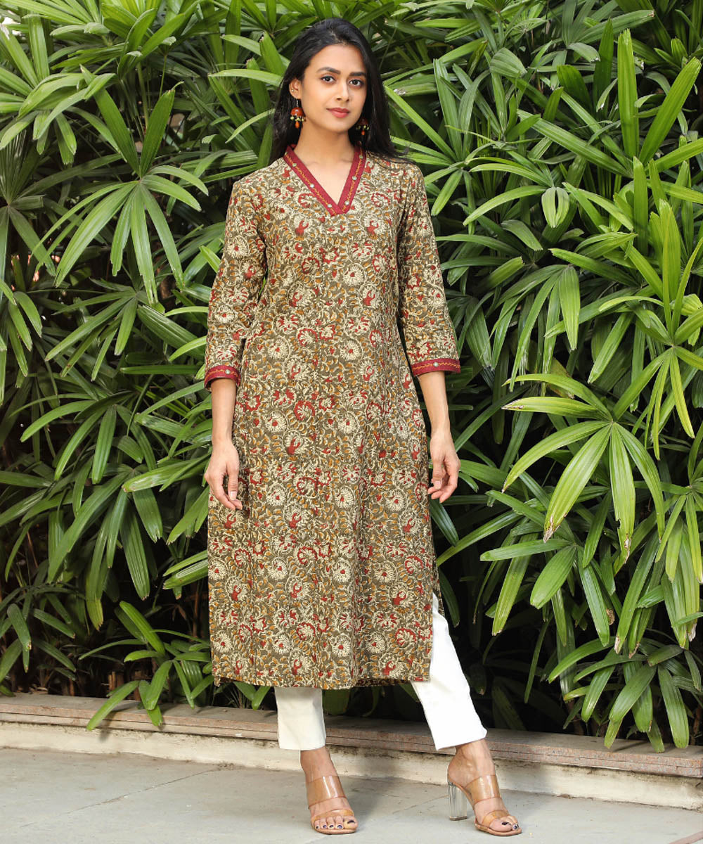 Green kalamkari overlapped v collar kurta