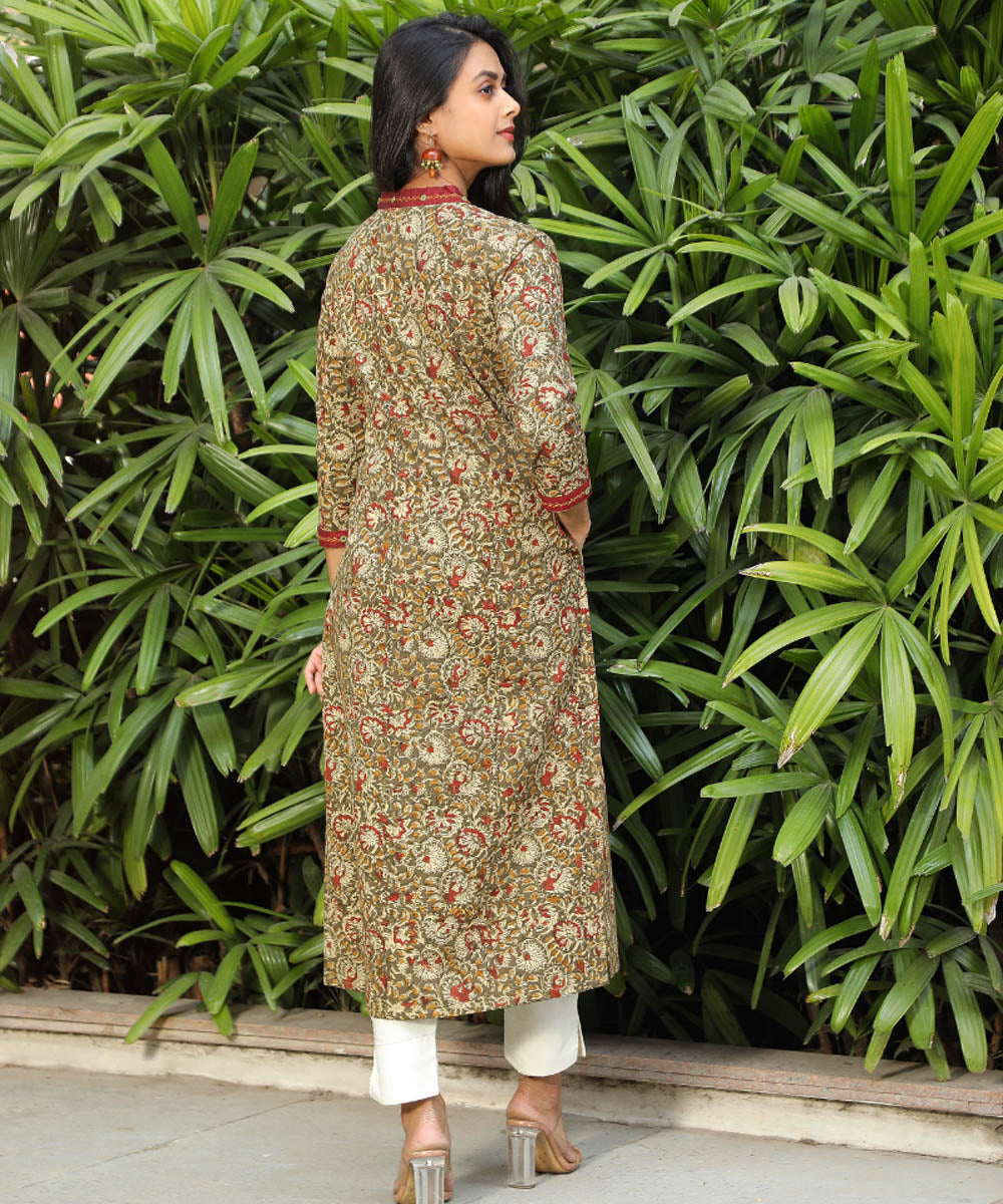 Green kalamkari overlapped v collar kurta