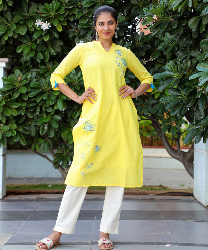 Yellow v neck handloom kurta with floral embroidery