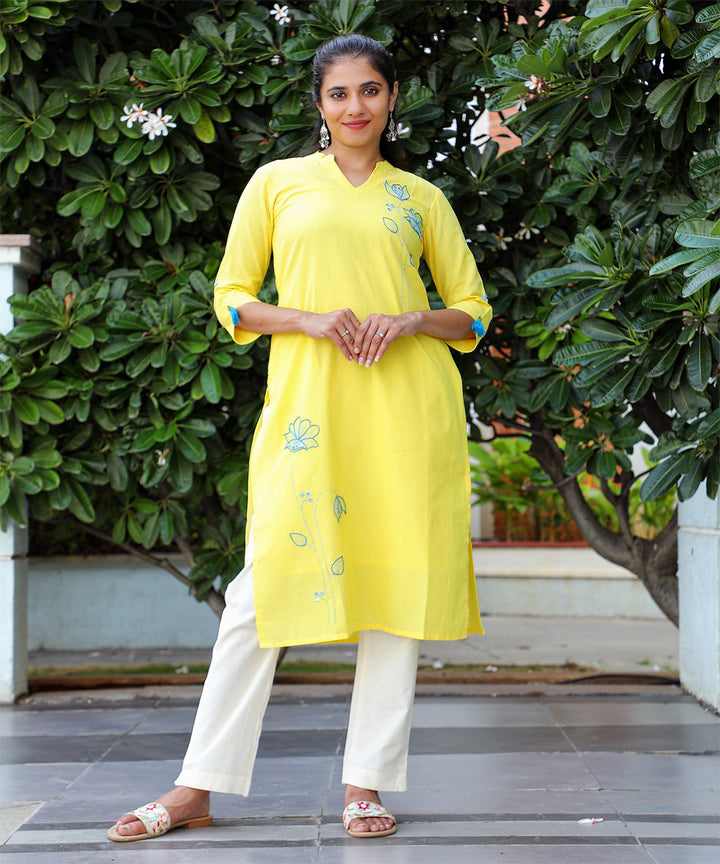 Yellow v neck handloom kurta with floral embroidery