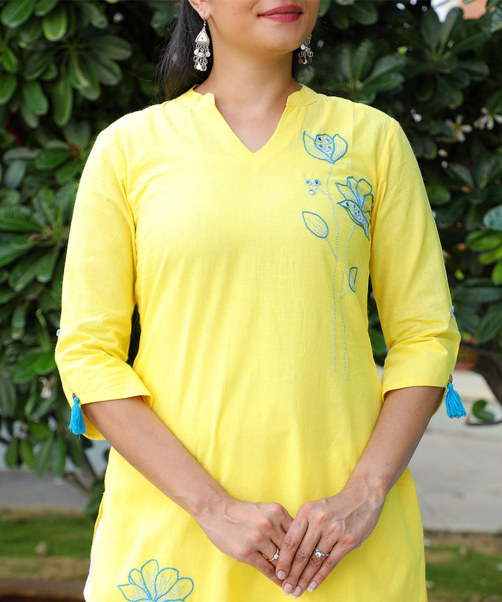 Yellow v neck handloom kurta with floral embroidery