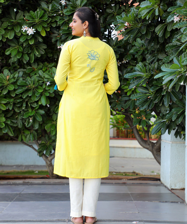 Yellow v neck handloom kurta with floral embroidery