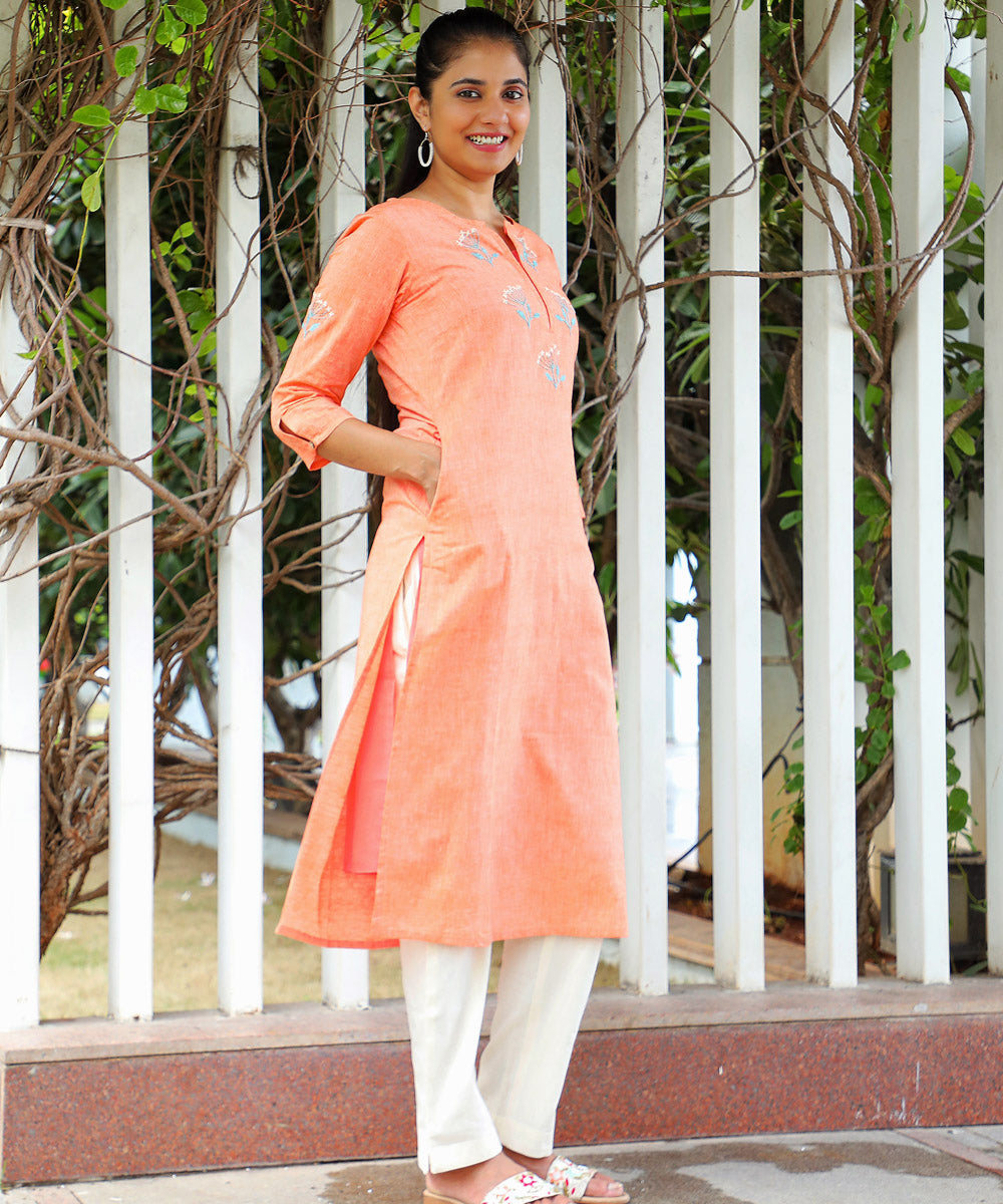 Dandelion embroidered peach cotton kurta-lk500a