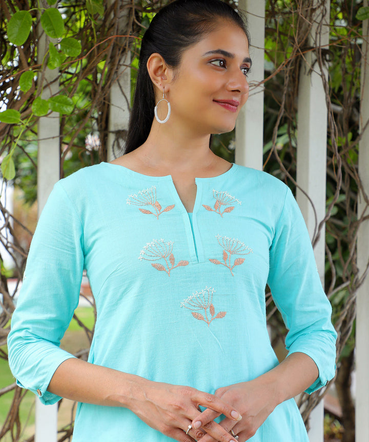 Dandelion embroidered sky blue cotton kurta