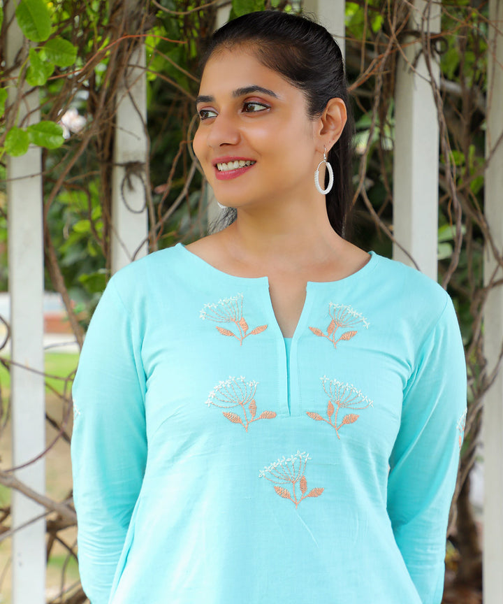 Dandelion embroidered sky blue cotton kurta