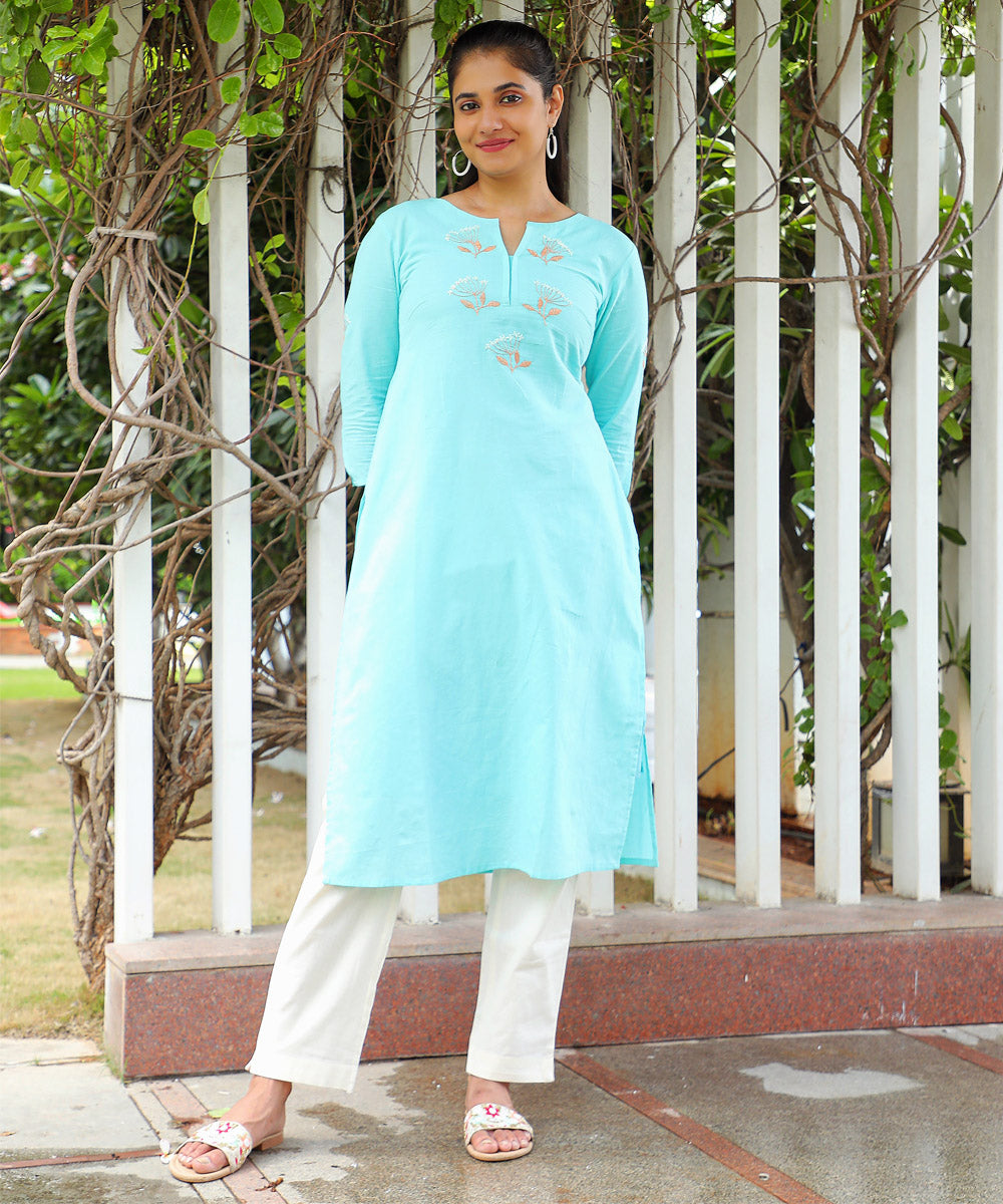 Dandelion embroidered sky blue cotton kurta