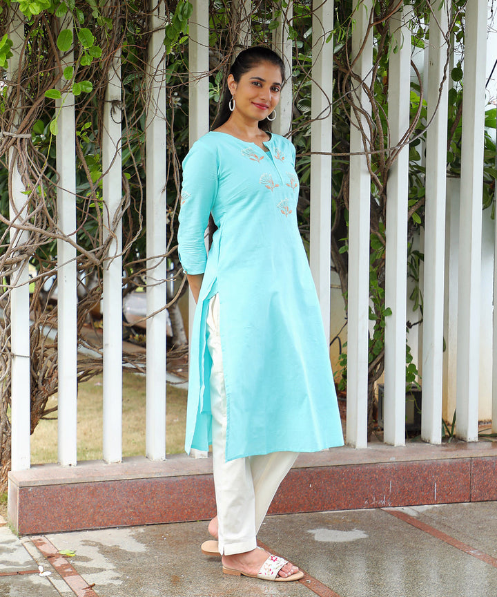 Dandelion embroidered sky blue cotton kurta