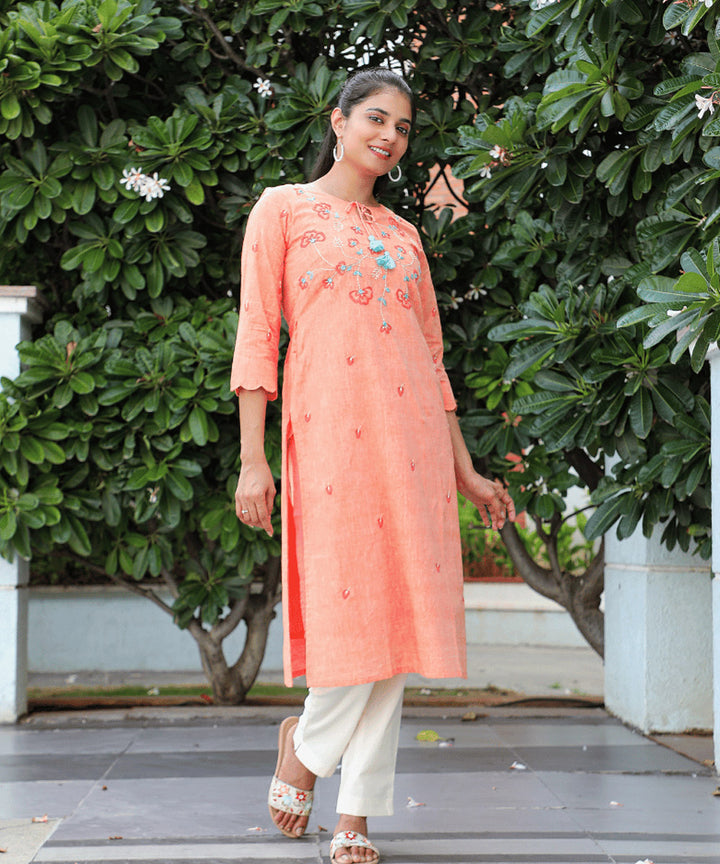 Sea shells embroidered peach cotton kurta