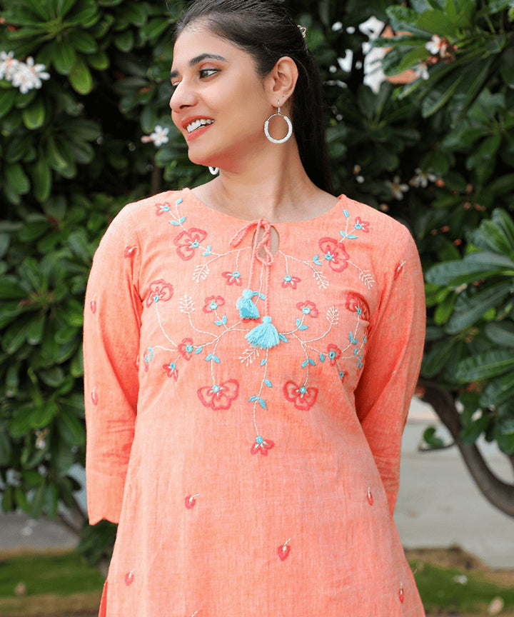 Sea shells embroidered peach cotton kurta