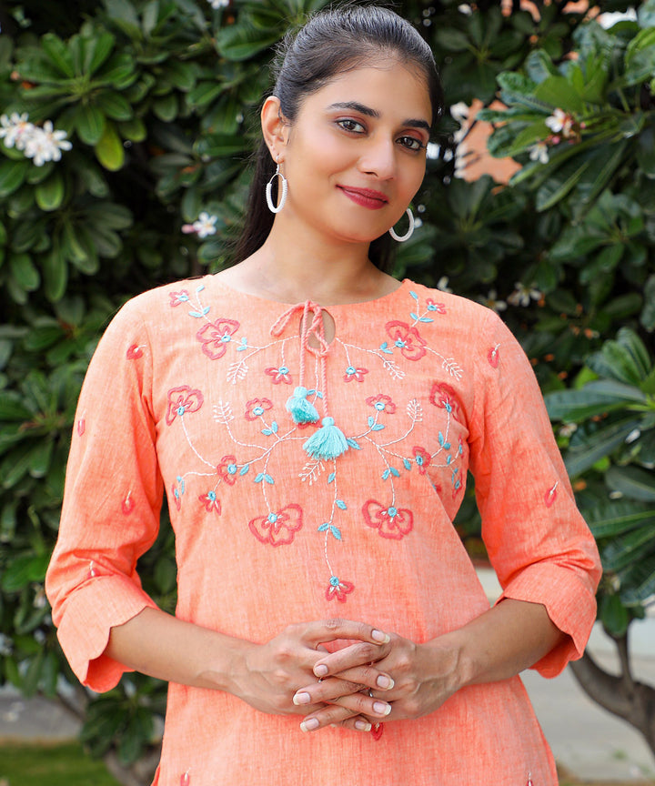 Sea shells embroidered peach cotton kurta