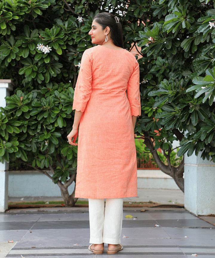 Sea shells embroidered peach cotton kurta