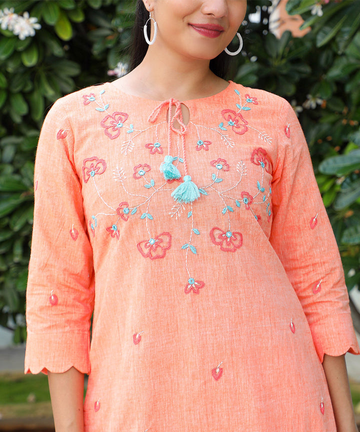 Sea shells embroidered peach cotton kurta