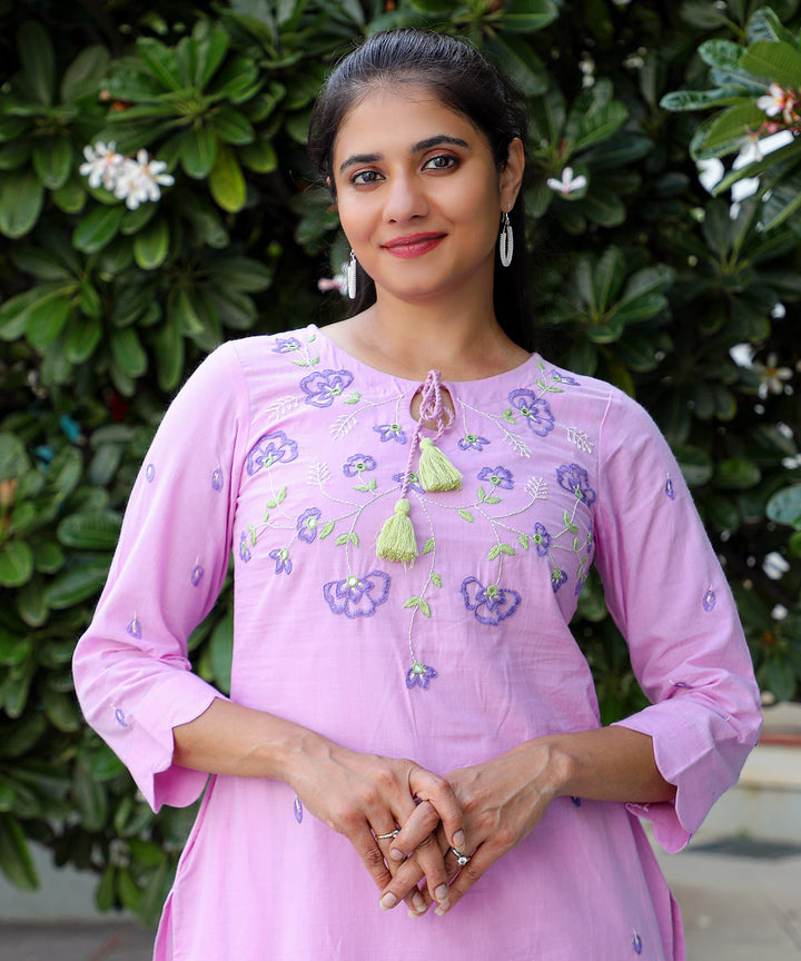 Sea shells embroidered peach cotton kurta