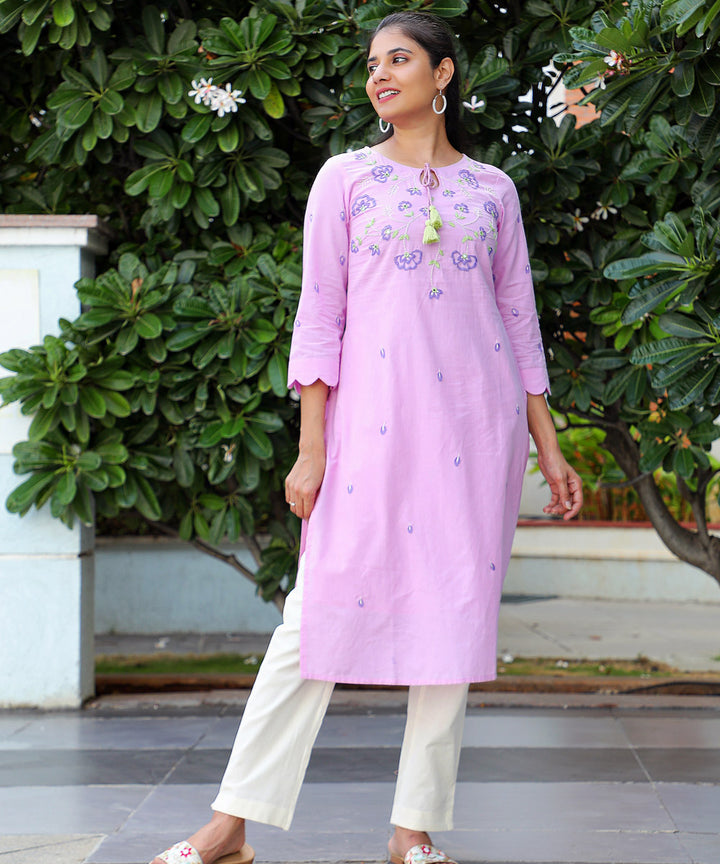 Sea shells embroidered peach cotton kurta