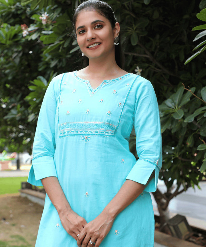 Flowers embroidered sky blue cotton kurta