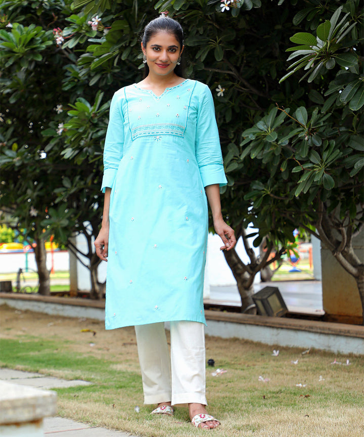 Flowers embroidered sky blue cotton kurta