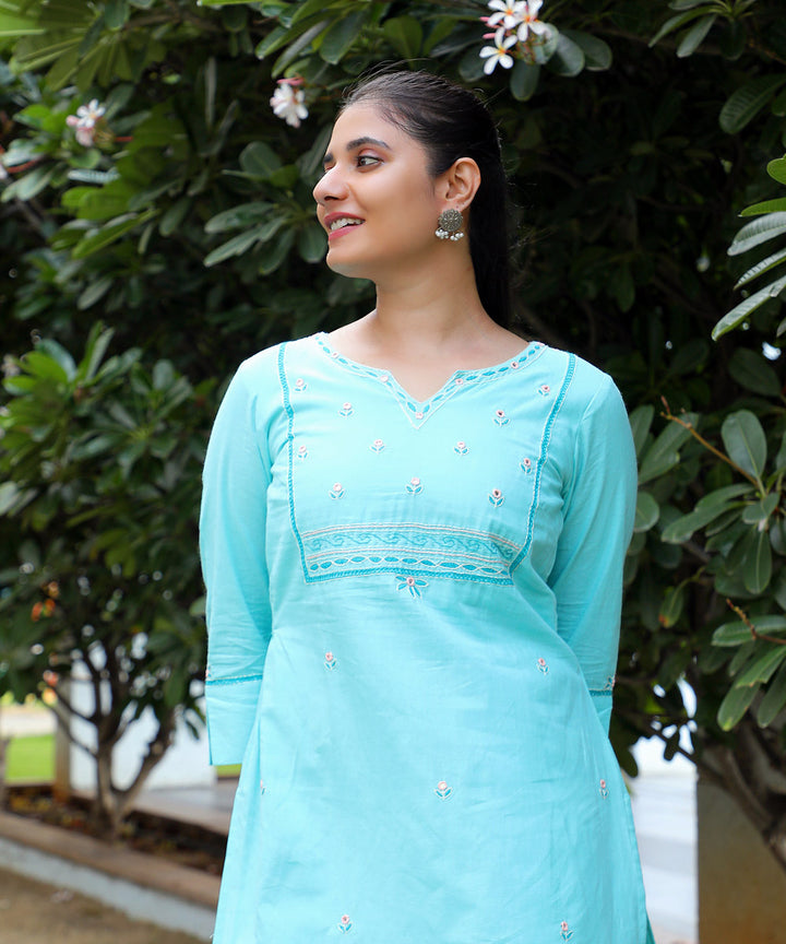 Flowers embroidered sky blue cotton kurta