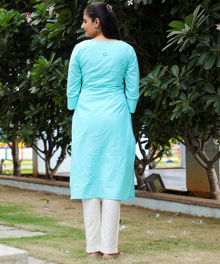 Flowers embroidered sky blue cotton kurta