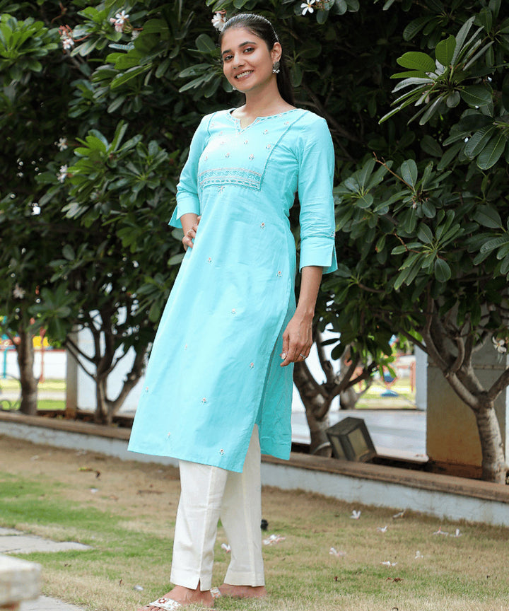 Flowers embroidered sky blue cotton kurta