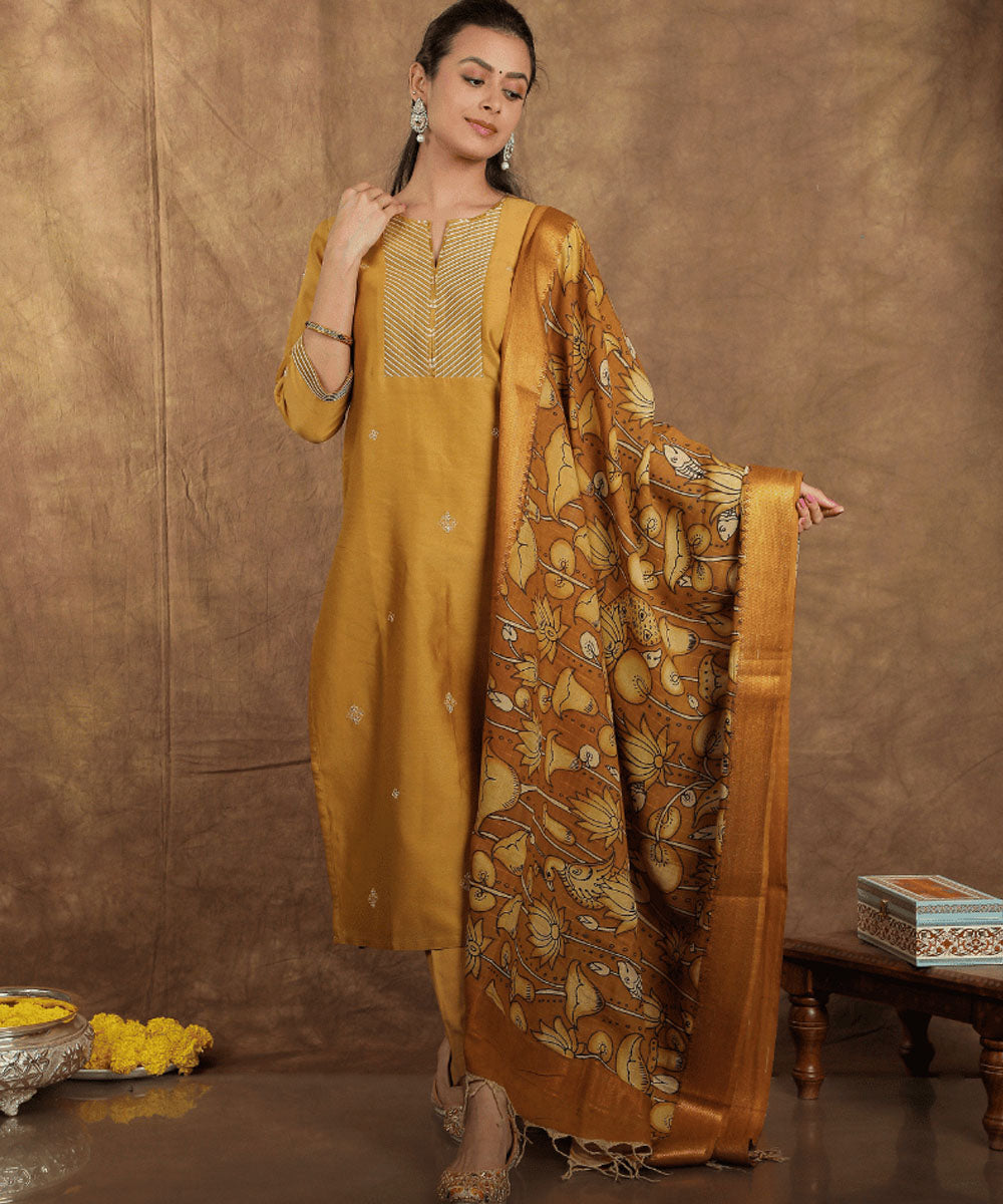 Yellow handwoven cotton silk chanderi kurta set