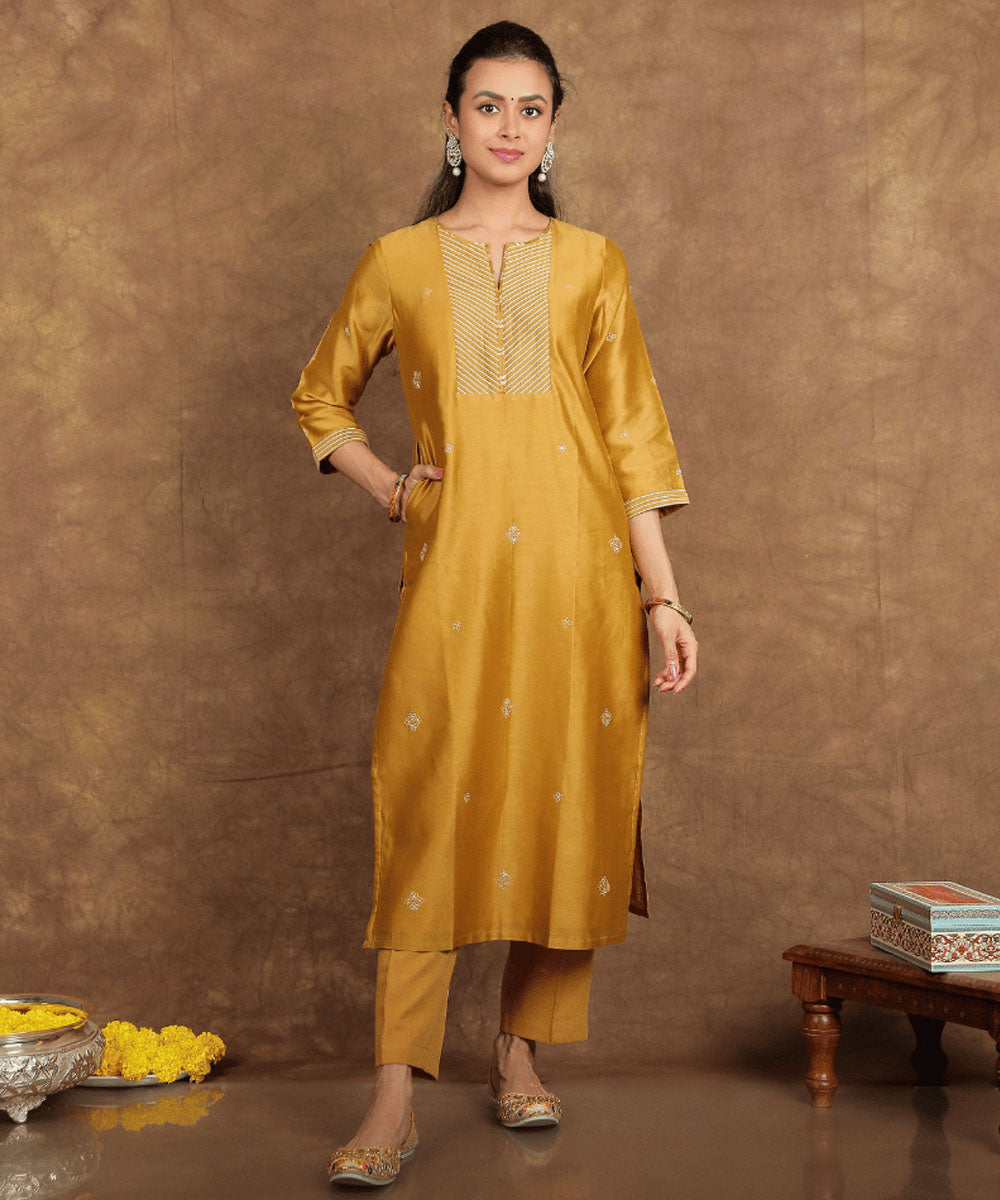 Yellow handwoven cotton silk chanderi kurta set