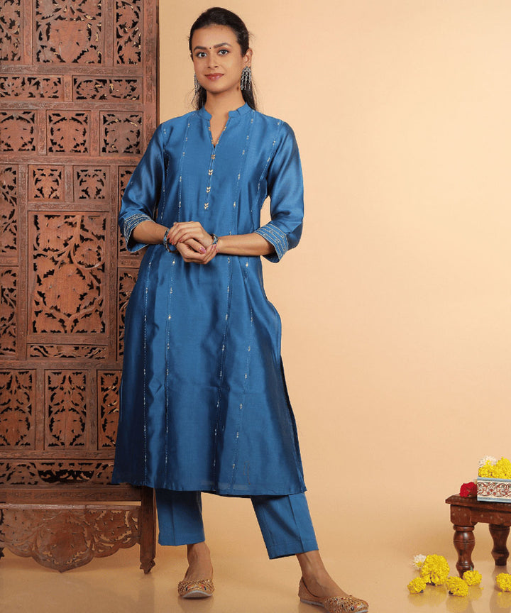 Blue handwoven chanderi cotton silk kurta set