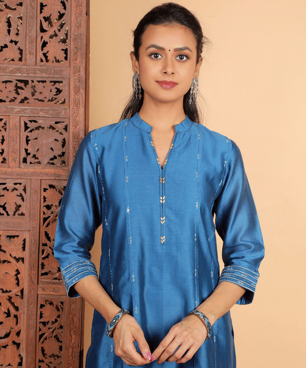 Blue handwoven chanderi cotton silk kurta set