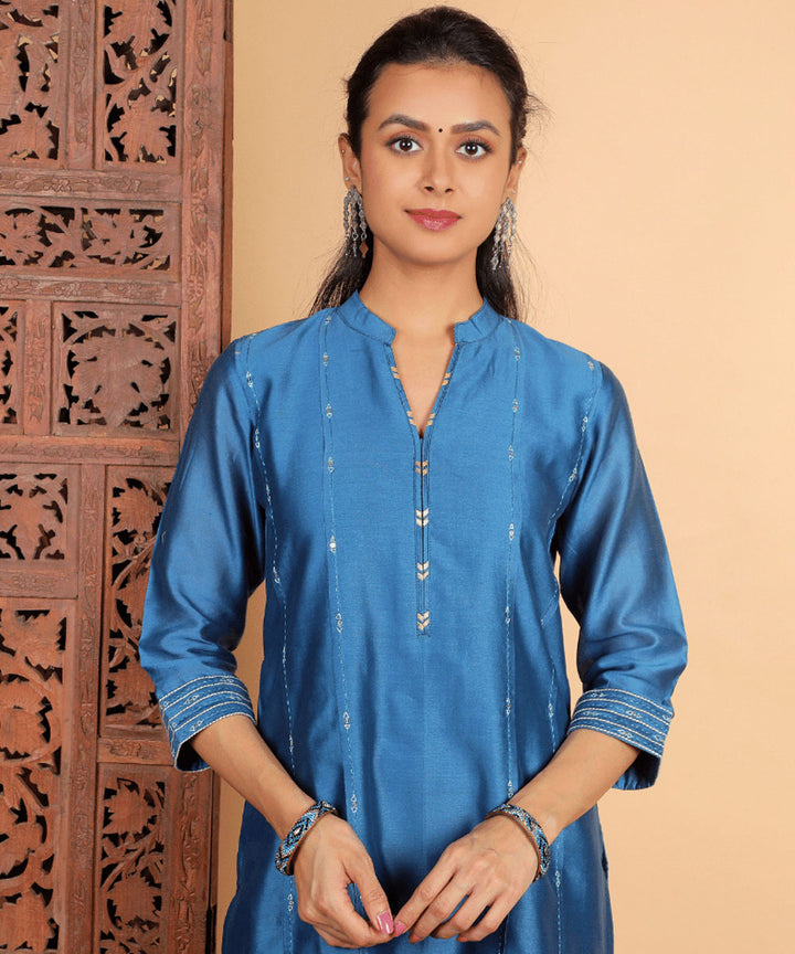 Blue handwoven chanderi cotton silk kurta set