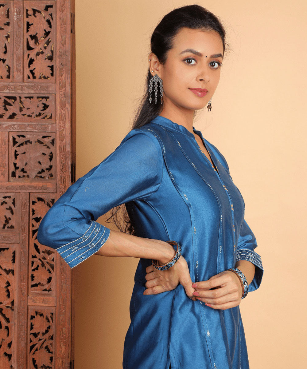 Blue handwoven chanderi cotton silk kurta set