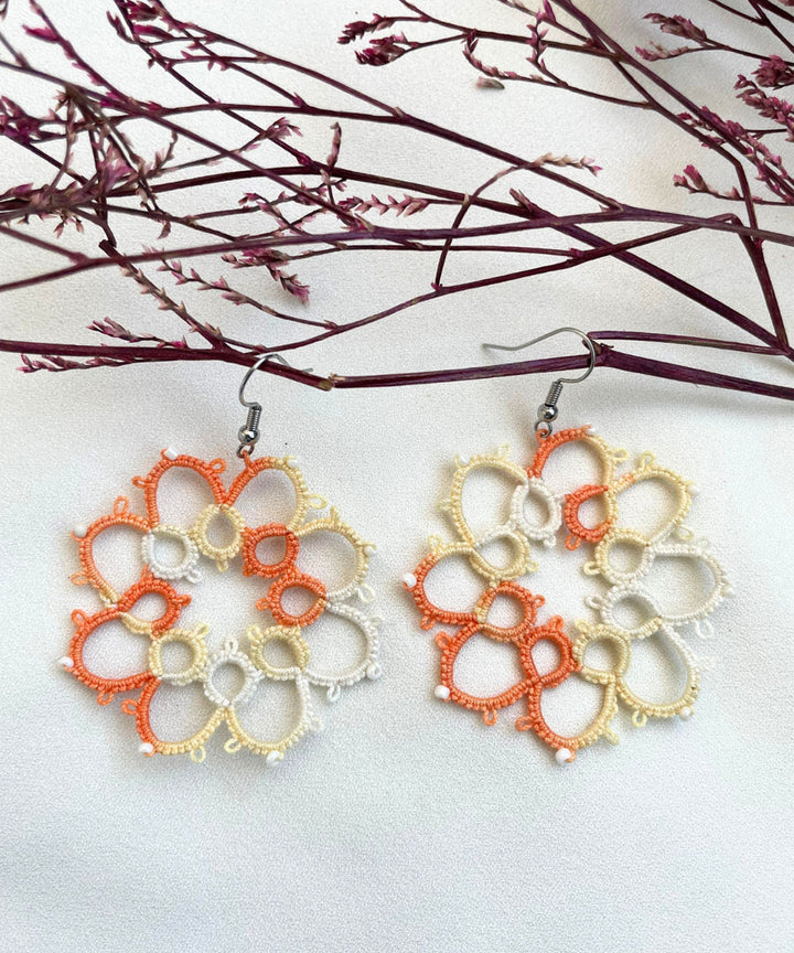 Orange white yellow handmade tatting cotton earring