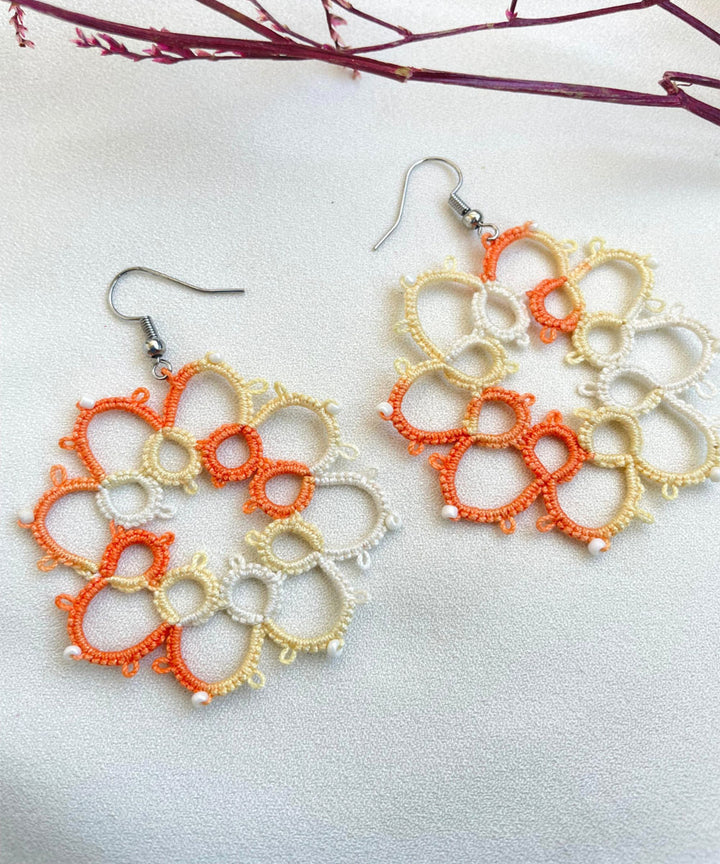 Orange white yellow handmade tatting cotton earring