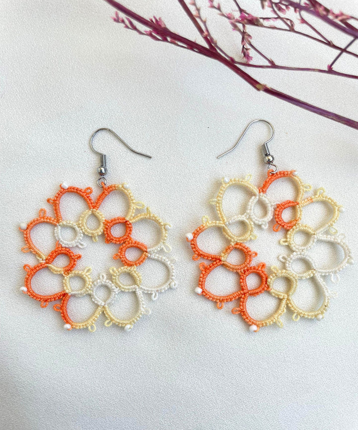 Orange white yellow handmade tatting cotton earring