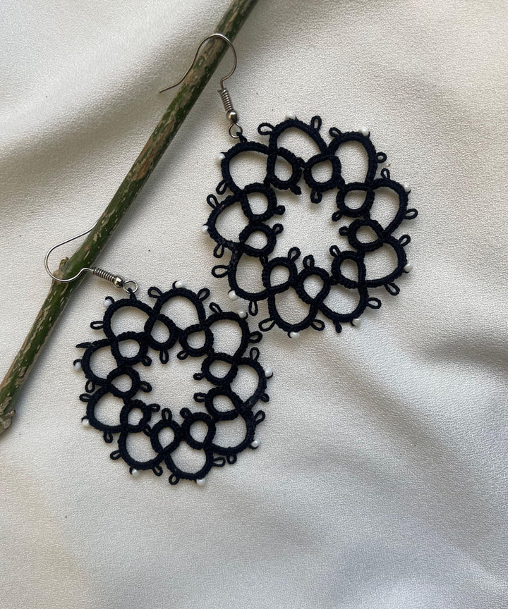 Black handcrafted tatting cotton earring