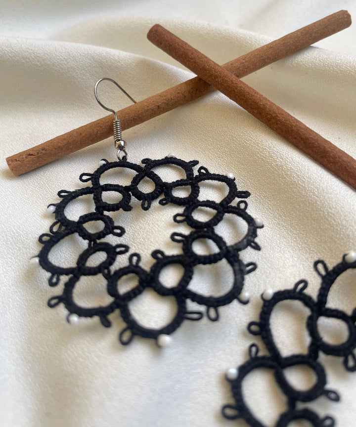 Black handcrafted tatting cotton earring
