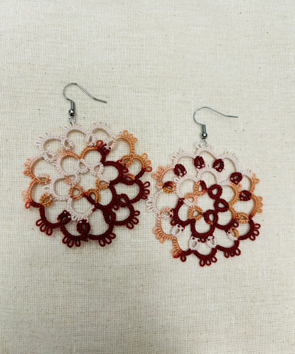 Brown white handmade tatting cotton earring