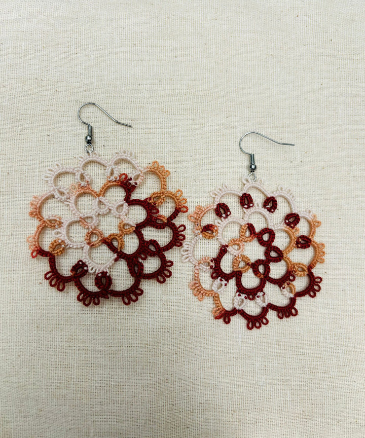 Brown white handmade tatting cotton earring