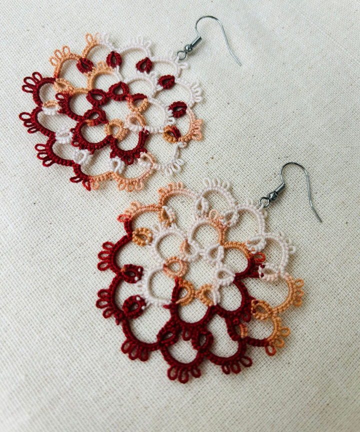 Brown white handmade tatting cotton earring