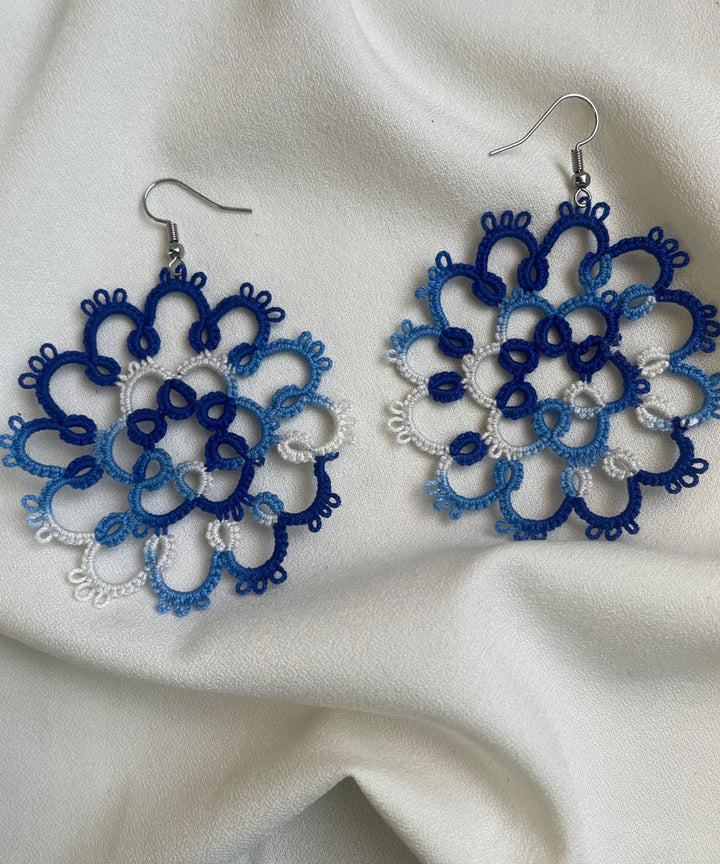 Navy blue white handmade tatting cotton earring