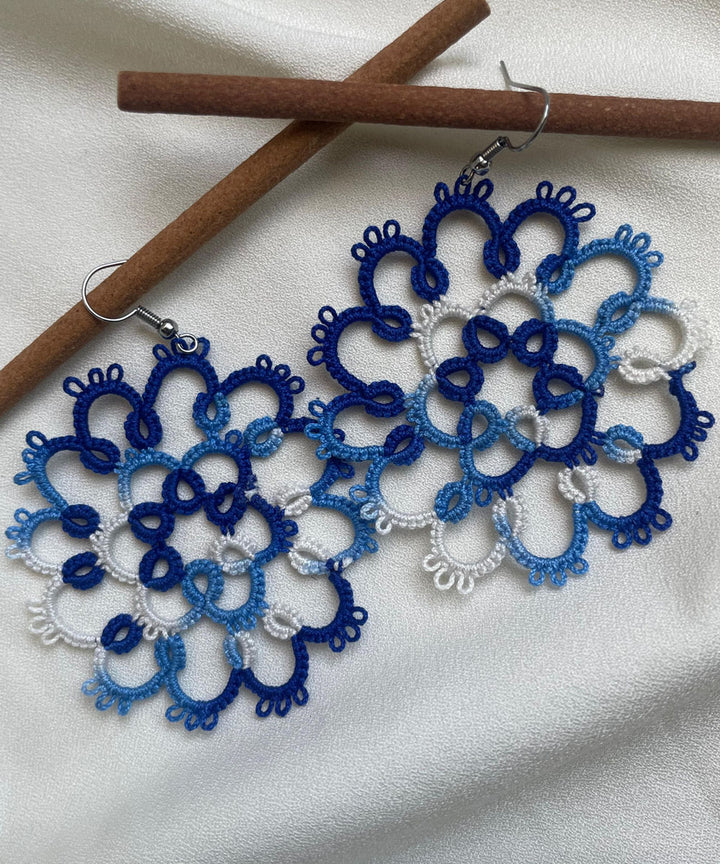 Navy blue white handmade tatting cotton earring